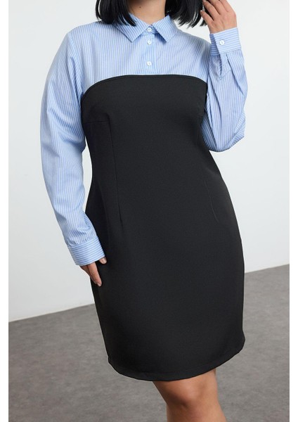 Moda Fitted Gömlek Yaka Mini Boy Büyük Beden Siyah Bodycone Straplez Dokuma Gömlek Elbise