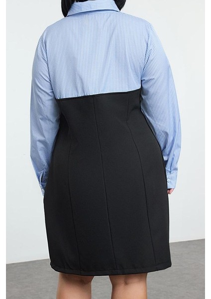 Moda Fitted Gömlek Yaka Mini Boy Büyük Beden Siyah Bodycone Straplez Dokuma Gömlek Elbise