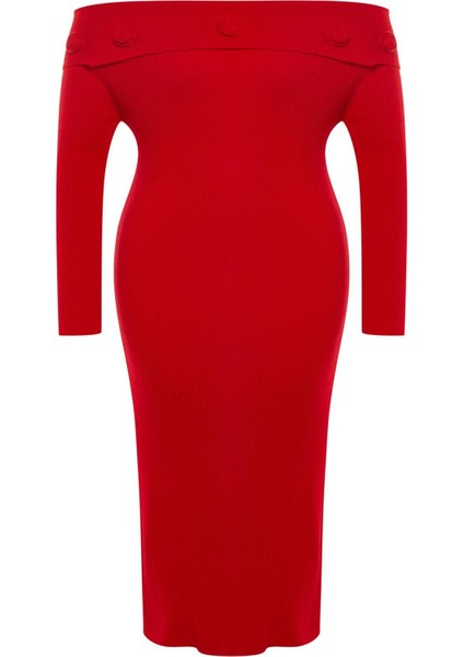 Moda Stil Fitted Carmen Yaka Midi Boy Büyük Beden Fitilli Gül Detaylı Triko Elbise modelleri