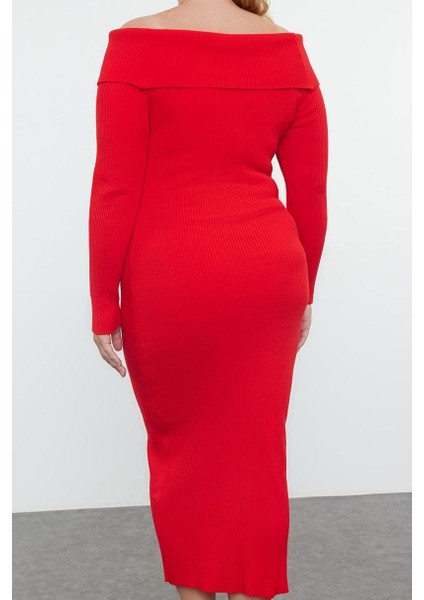 Moda Stil Fitted Carmen Yaka Midi Boy Büyük Beden Fitilli Gül Detaylı Triko Elbise indirimleri