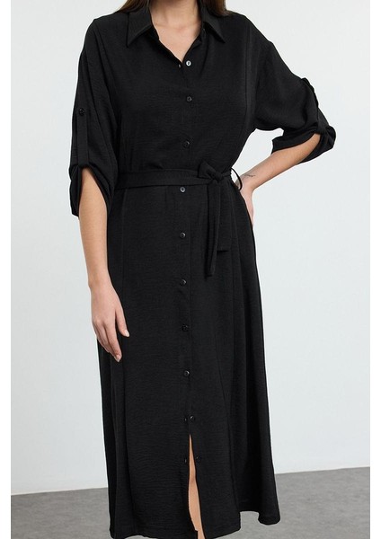 Moda Stil Relaxed Gömlek Yaka Midi Boy Kuşaklı Dokuma Gömlek Elbise