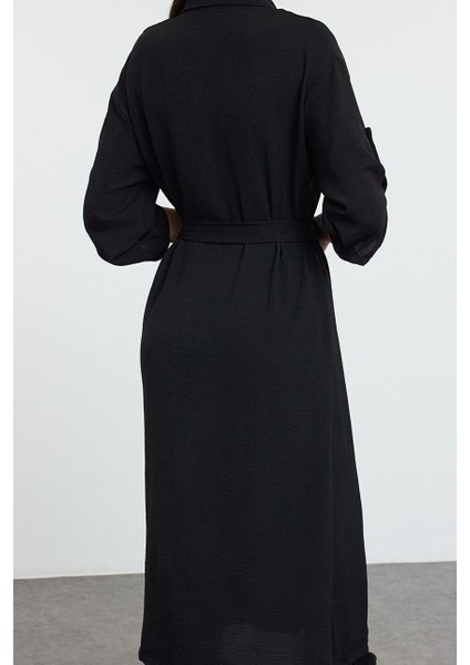 Moda Stil Relaxed Gömlek Yaka Midi Boy Kuşaklı Dokuma Gömlek Elbise