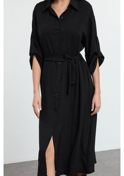 Moda Stil Relaxed Gömlek Yaka Midi Boy Kuşaklı Dokuma Gömlek Elbise
