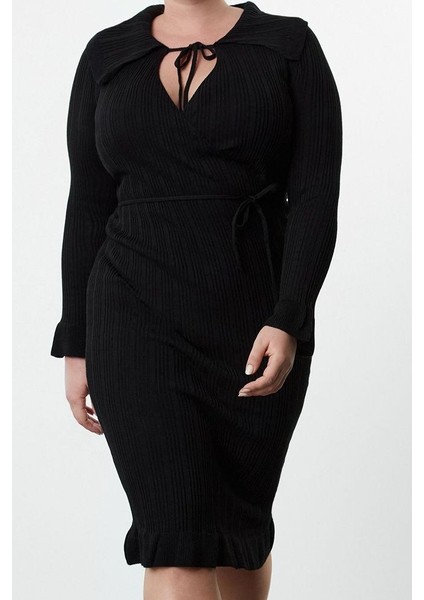Moda Stil Fitted Gömlek Yaka Midi Boy Büyük Beden Fitilli Kruvaze Triko Elbise