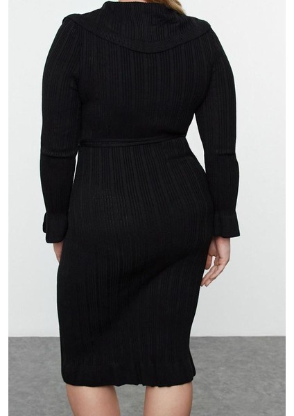 Moda Stil Fitted Gömlek Yaka Midi Boy Büyük Beden Fitilli Kruvaze Triko Elbise