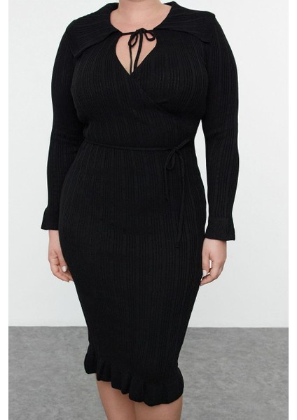 Moda Stil Fitted Gömlek Yaka Midi Boy Büyük Beden Fitilli Kruvaze Triko Elbise