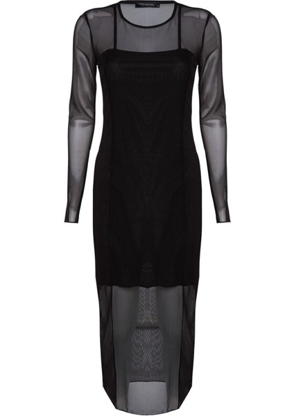 Moda Stil Slim Bisiklet Yaka Midi Boy Tül Astarlı Vücuda Oturan Örme Elbise