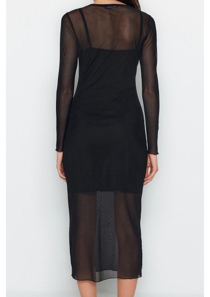 Moda Stil Slim Bisiklet Yaka Midi Boy Tül Astarlı Vücuda Oturan Örme Elbise