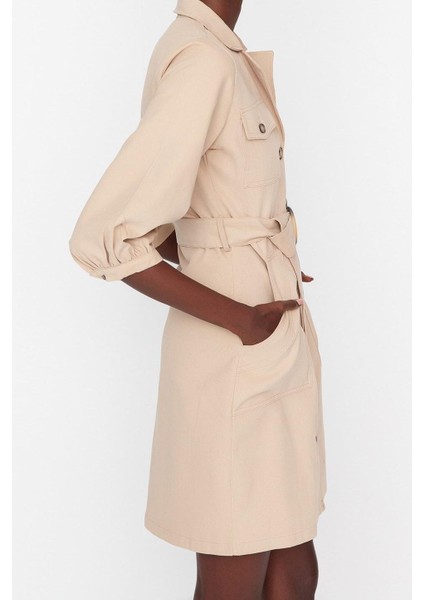 Moda Stil Regular Ceket Yaka Mini Boy Kemerli Dokuma Elbise