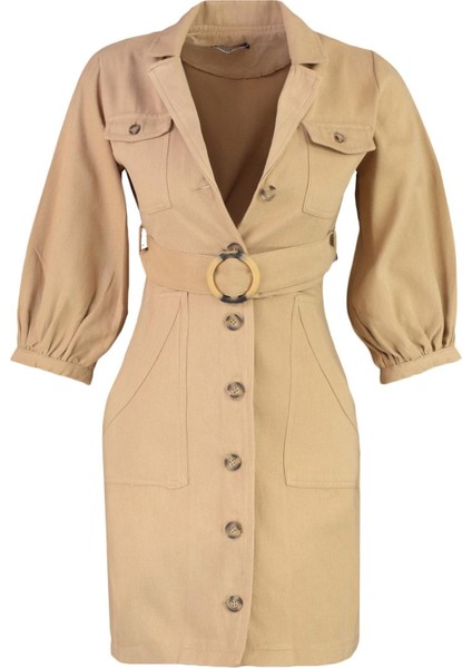 Moda Stil Regular Ceket Yaka Mini Boy Kemerli Dokuma Elbise