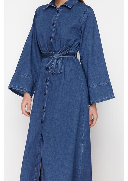 Moda Stil Regular Gömlek Yaka Maxi Boy Gömlek Denim Modest Elbise