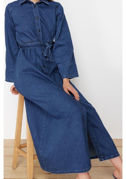 Moda Stil Regular Gömlek Yaka Maxi Boy Gömlek Denim Modest Elbise