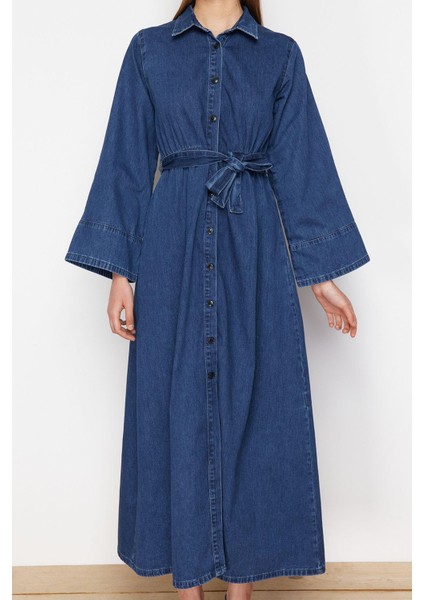 Moda Stil Regular Gömlek Yaka Maxi Boy Gömlek Denim Modest Elbise