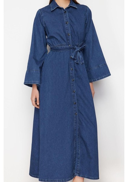 Moda Stil Regular Gömlek Yaka Maxi Boy Gömlek Denim Modest Elbise