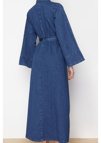 Moda Stil Regular Gömlek Yaka Maxi Boy Gömlek Denim Modest Elbise