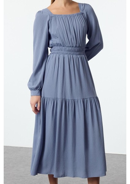 Moda Stil Regular Kare Yaka Midi Boy Eteği Belden Açılan Astarlı Dokuma Elbise