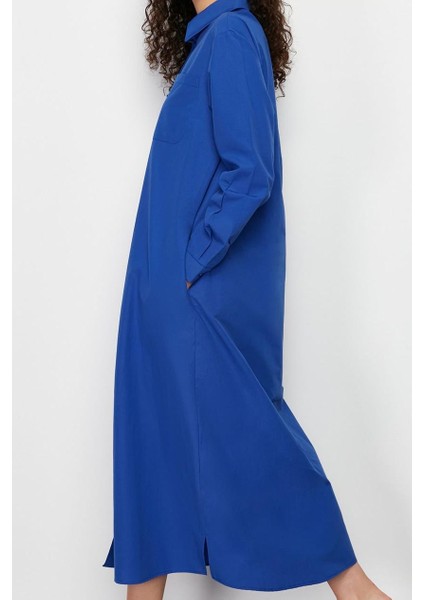 Moda Stil Regular Gömlek Yaka Maxi Boy Tesettür Düz Dokuma Gömlek Elbise