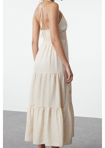 Moda Stil Regular V Yaka Midi Boy Çiçekli Dokuma Elbise