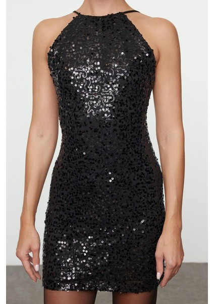 Moda Stil Fitted Halter Yaka Mini Boy Vücuda Oturan Dokuma Payet Kısa Elbise modelleri