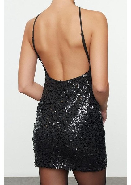 Moda Stil Fitted Halter Yaka Mini Boy Vücuda Oturan Dokuma Payet Kısa Elbise indirimleri