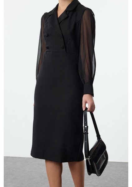 Moda Stil Regular Ceket Yaka Midi Boy Vücudu Saran Şifon Kol Detaylı Dokuma Elbise