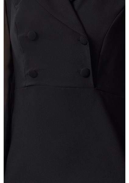 Moda Stil Regular Ceket Yaka Midi Boy Vücudu Saran Şifon Kol Detaylı Dokuma Elbise fiyatları