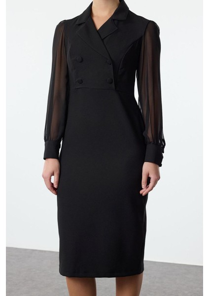 Moda Stil Regular Ceket Yaka Midi Boy Vücudu Saran Şifon Kol Detaylı Dokuma Elbise modelleri