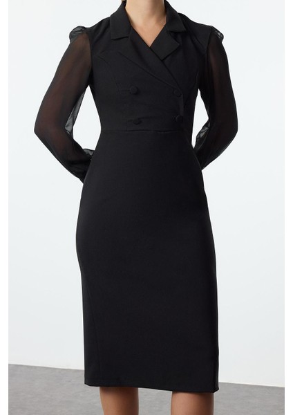 Moda Stil Regular Ceket Yaka Midi Boy Vücudu Saran Şifon Kol Detaylı Dokuma Elbise fırsatları