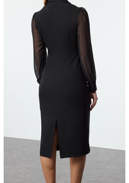 Moda Stil Regular Ceket Yaka Midi Boy Vücudu Saran Şifon Kol Detaylı Dokuma Elbise indirimleri