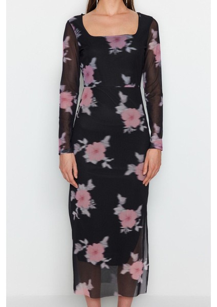 Moda Stil Slim Kare Yaka Midi Boy Tül Çiçekli Vücuda Oturan Esnek Örme Kalem Elbise modelleri