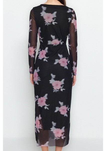Moda Stil Slim Kare Yaka Midi Boy Tül Çiçekli Vücuda Oturan Esnek Örme Kalem Elbise indirimleri