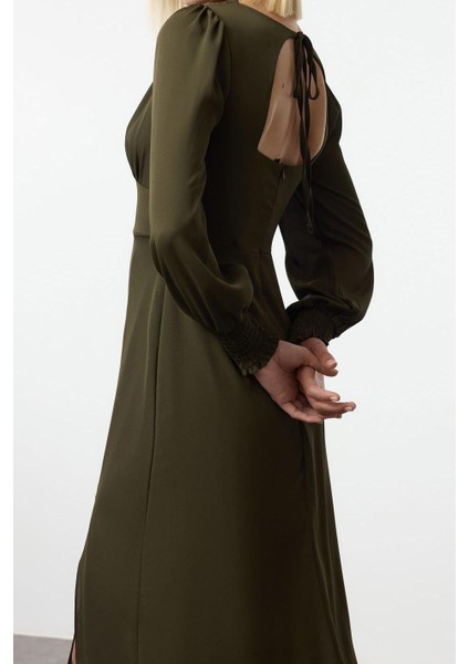 Moda Stil Regular V Yaka Midi Boy Düz Dokuma Elbise