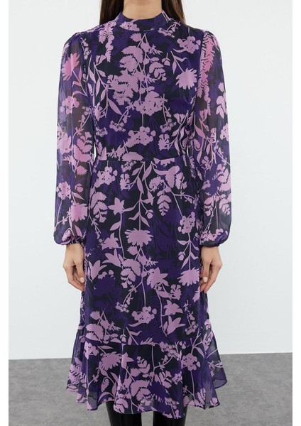 Moda Stil Regular Dik Yaka Midi Boy Düz Dokuma Kışlık Elbise