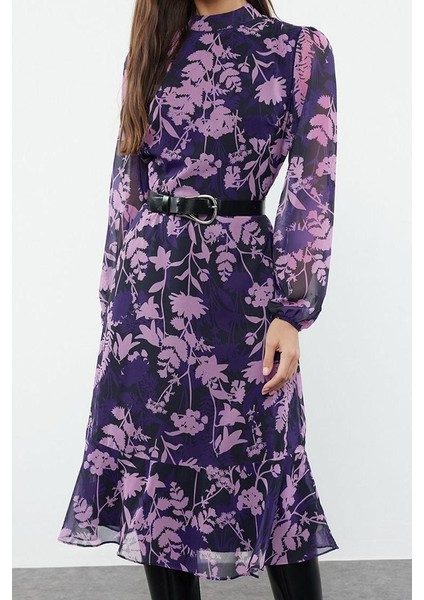 Moda Stil Regular Dik Yaka Midi Boy Düz Dokuma Kışlık Elbise