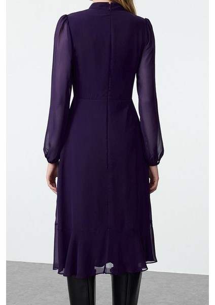 Moda Stil Regular Dik Yaka Midi Boy Düz Dokuma Kışlık Elbise