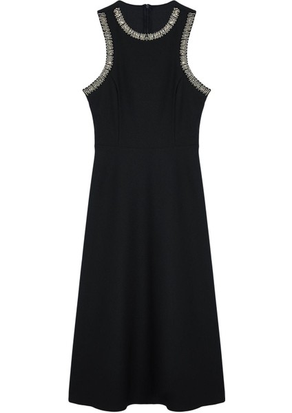 Moda Stil Fitted Halter Yaka Midi Boy A-Kesim Taş Aksesuarlı Dokuma Elbise