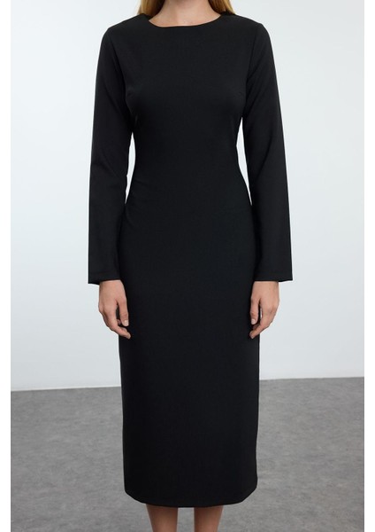 Moda Stil Regular Bisiklet Yaka Midi Boy Vücudu Saran Dokuma Elbise