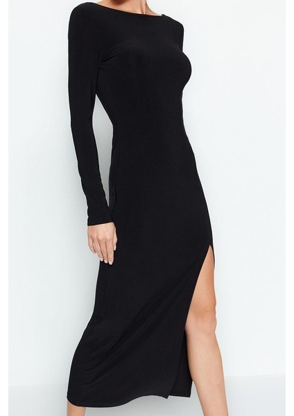 Moda Stil Slim Kayık Yaka Maxi Boy Sırt Dekolteli Yırtmaçlı Fitted Vücuda Oturan Esnek Örme Elbise