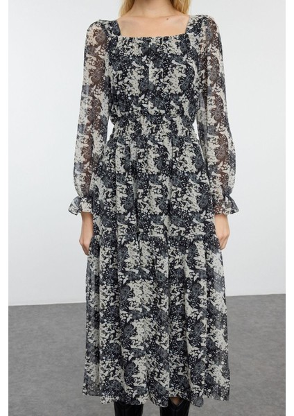 Moda Stil Regular Kare Yaka Maxi Boy Çiçek Desenli Skater Belden Açılan Dokuma Şifon Astarlı Elbise