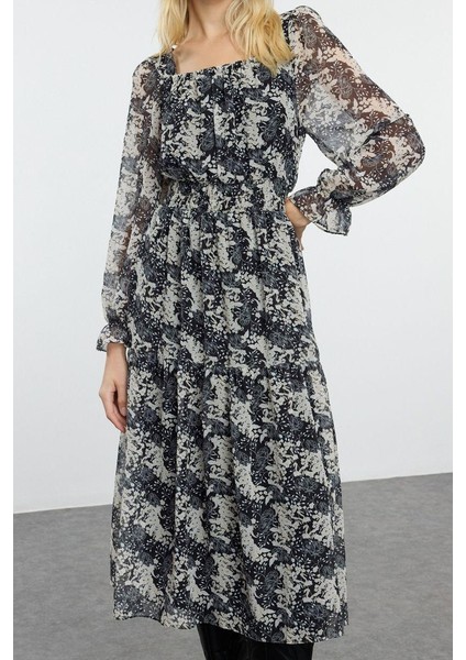 Moda Stil Regular Kare Yaka Maxi Boy Çiçek Desenli Skater Belden Açılan Dokuma Şifon Astarlı Elbise