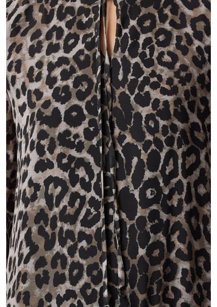 Moda Stil Regular Dik Yaka Mini Boy Leopar Desenli Düz Kalıp Astarlı Şifon Dokuma Kışlık Elbise