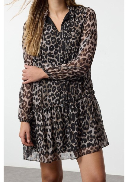 Moda Stil Regular Dik Yaka Mini Boy Leopar Desenli Düz Kalıp Astarlı Şifon Dokuma Kışlık Elbise