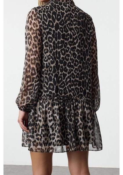 Moda Stil Regular Dik Yaka Mini Boy Leopar Desenli Düz Kalıp Astarlı Şifon Dokuma Kışlık Elbise