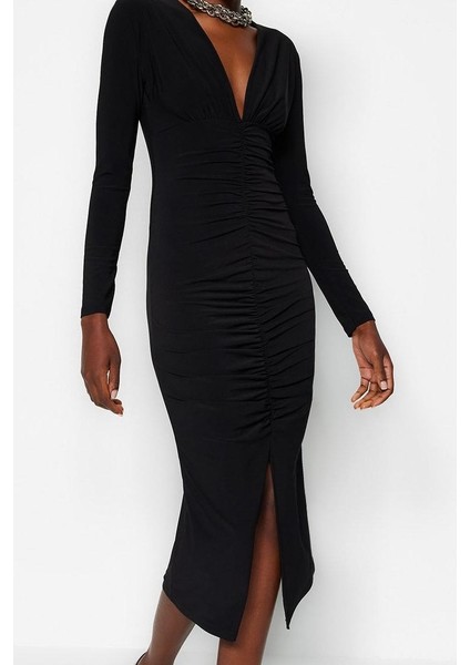 Moda Stil Slim V Yaka Midi Boy Drapeli Fitted Vücuda Oturan Esnek Örme Kalem Elbise