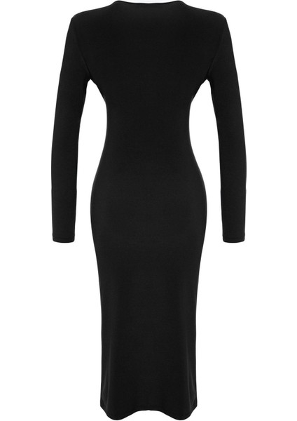 Moda Stil Slim V Yaka Midi Boy Drapeli Fitted Vücuda Oturan Esnek Örme Kalem Elbise