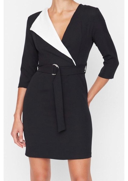 Moda Stil Regular Ceket Yaka Mini Boy Kemerli Kruvaze Yaka Dokuma Elbise