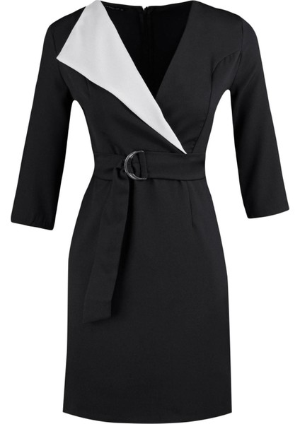 Moda Stil Regular Ceket Yaka Mini Boy Kemerli Kruvaze Yaka Dokuma Elbise modelleri