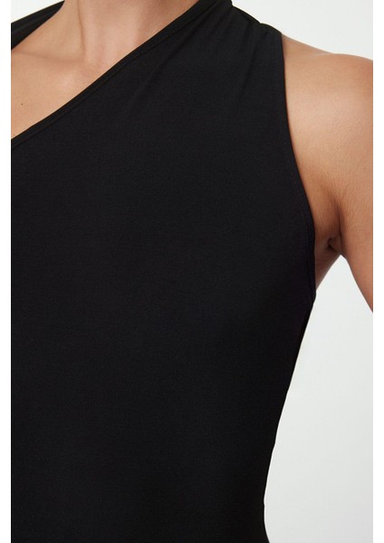Moda Stil Fitted Asimetrik Yaka Midi Boy Vücuda Oturan Tek Kol Detaylı Örme Elbise