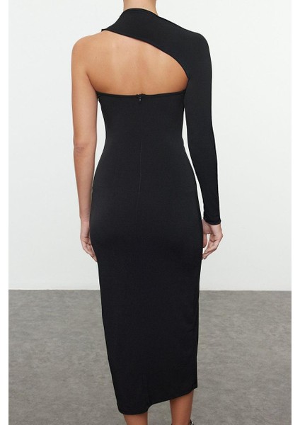 Moda Stil Fitted Asimetrik Yaka Midi Boy Vücuda Oturan Tek Kol Detaylı Örme Elbise