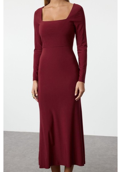 Moda Stil Slim Kare Yaka Maxi Boy Volanlı Fitted Vücuda Oturan Esnek Örme Elbise modelleri